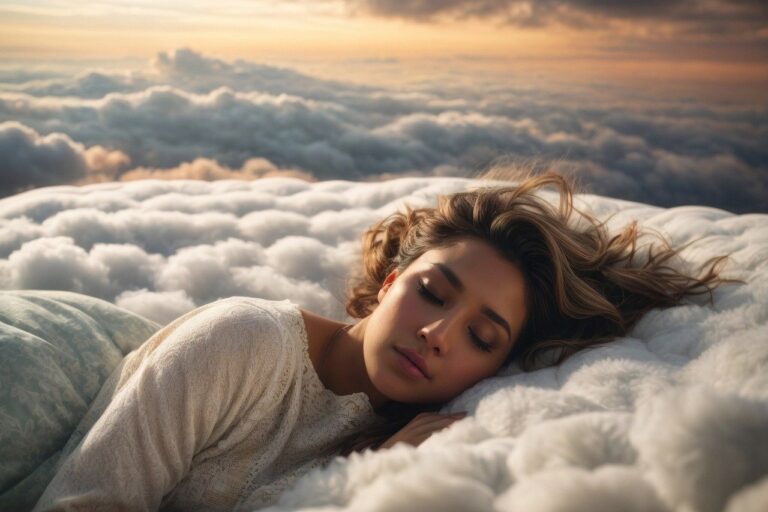 Een vrouw met lang haar, gekleed in een wit topje, slaapt vredig op een bed van donzige wolken. De lucht is gevuld met meer wolken en een warm, gouden licht op de achtergrond.