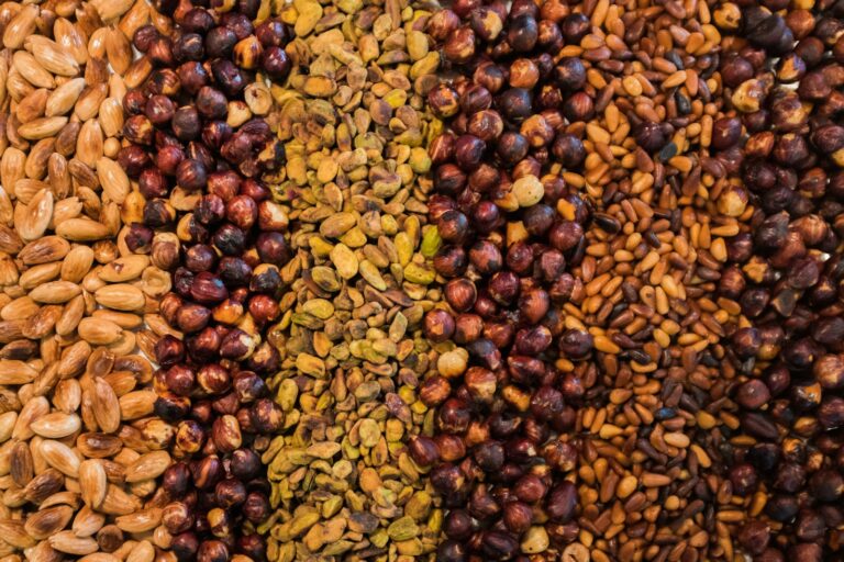 Een assortiment noten gerangschikt in verticale strepen. Van links naar rechts: amandelen, pistachenoten, hazelnoten, meer pistachenoten, meer hazelnoten en pijnboompitten. Elk type vormt een aparte, gestructureerde kolom.