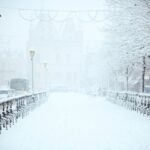 A snowy urban street is lined with street lamps and trees. The road and sidewalks are covered in a thick layer of snow, and parked cars are partially visible. Snowflakes continue to fall, creating a wintry atmosphere with limited visibility.
